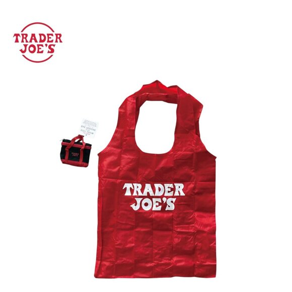2X TRADER JOE'S MICRO TOTE (RED/BLK, BLACK/RED) with GROCERY BAG FOLDABLE NWT - Picture 8 of 8